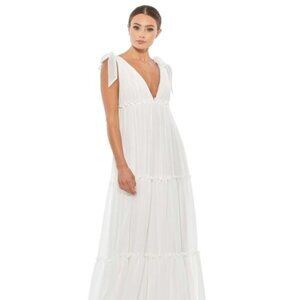 Ieena x Mac Duggal - White Tiered V-Neck Plunging Maxi Dress  - NWT